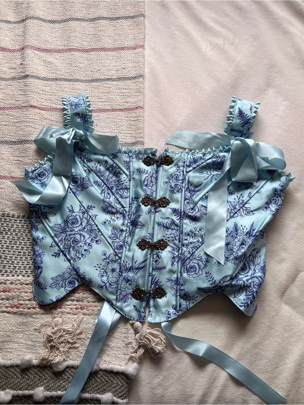 Sugar Thrillz Light Blue Floral Satin Corset Top with Lavender Print
